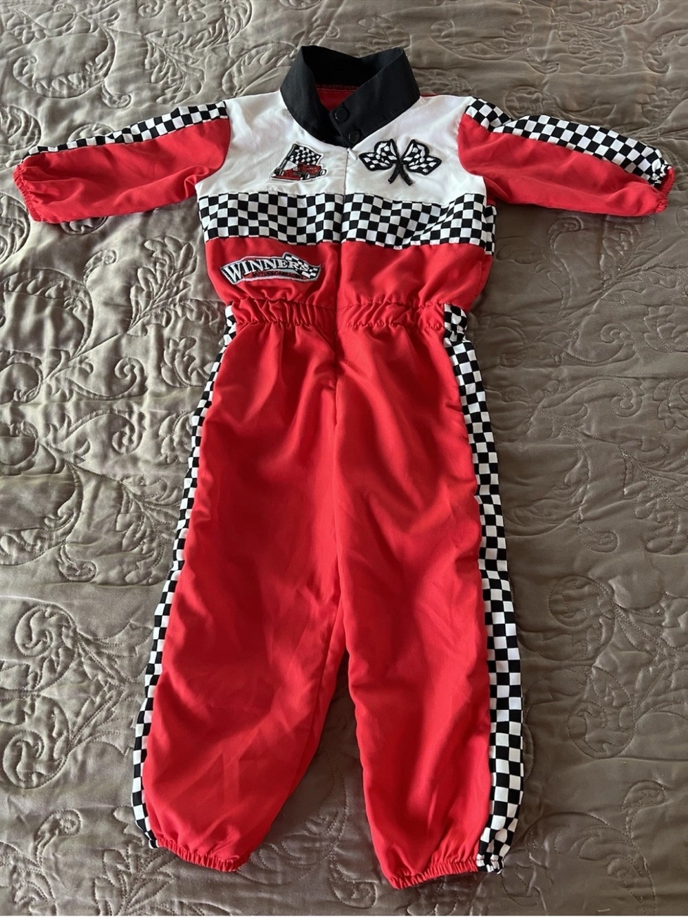 Kids Red Racing-Style One-Piece Bodysuit with Checkered Trim